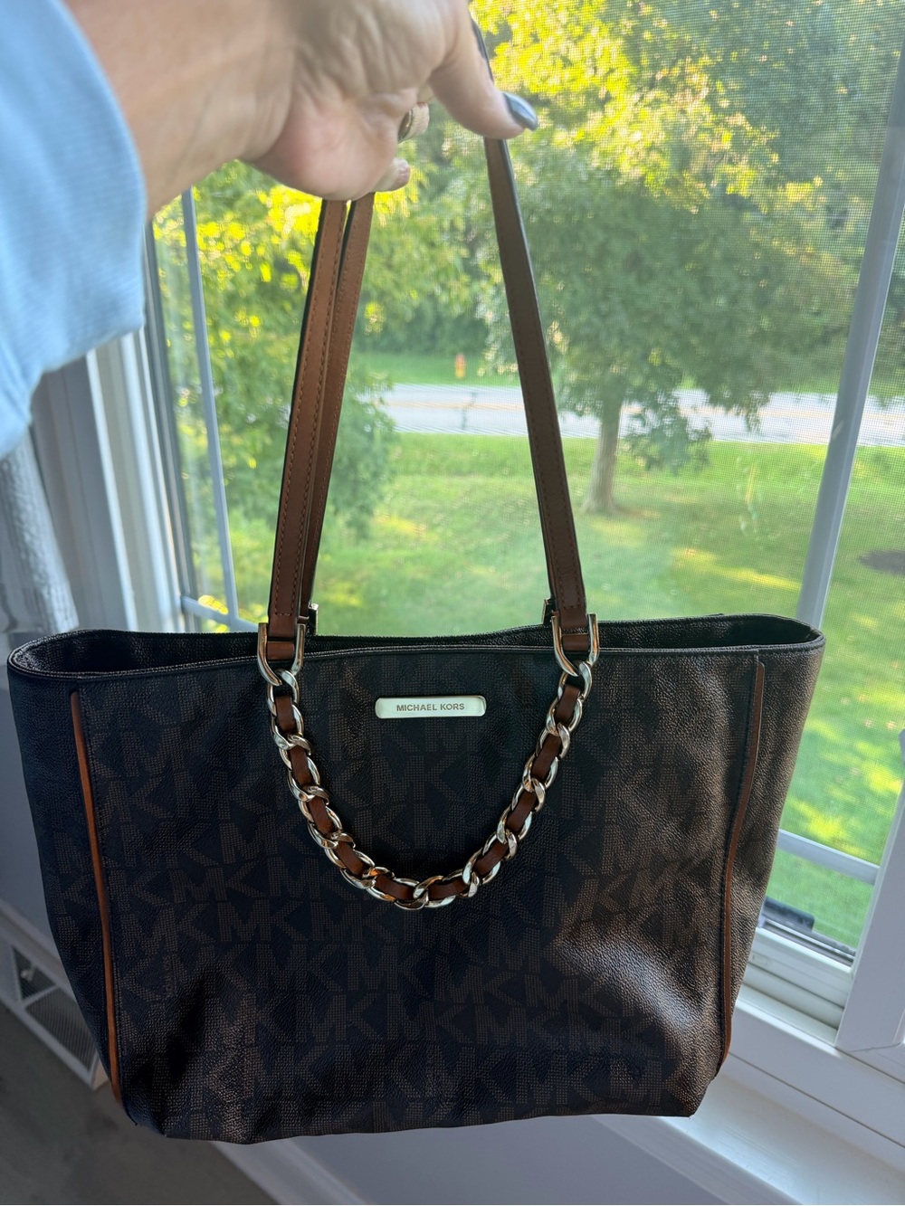 Michael Kors Dark Brown MK Logo Tote with Chain-Accent Handles